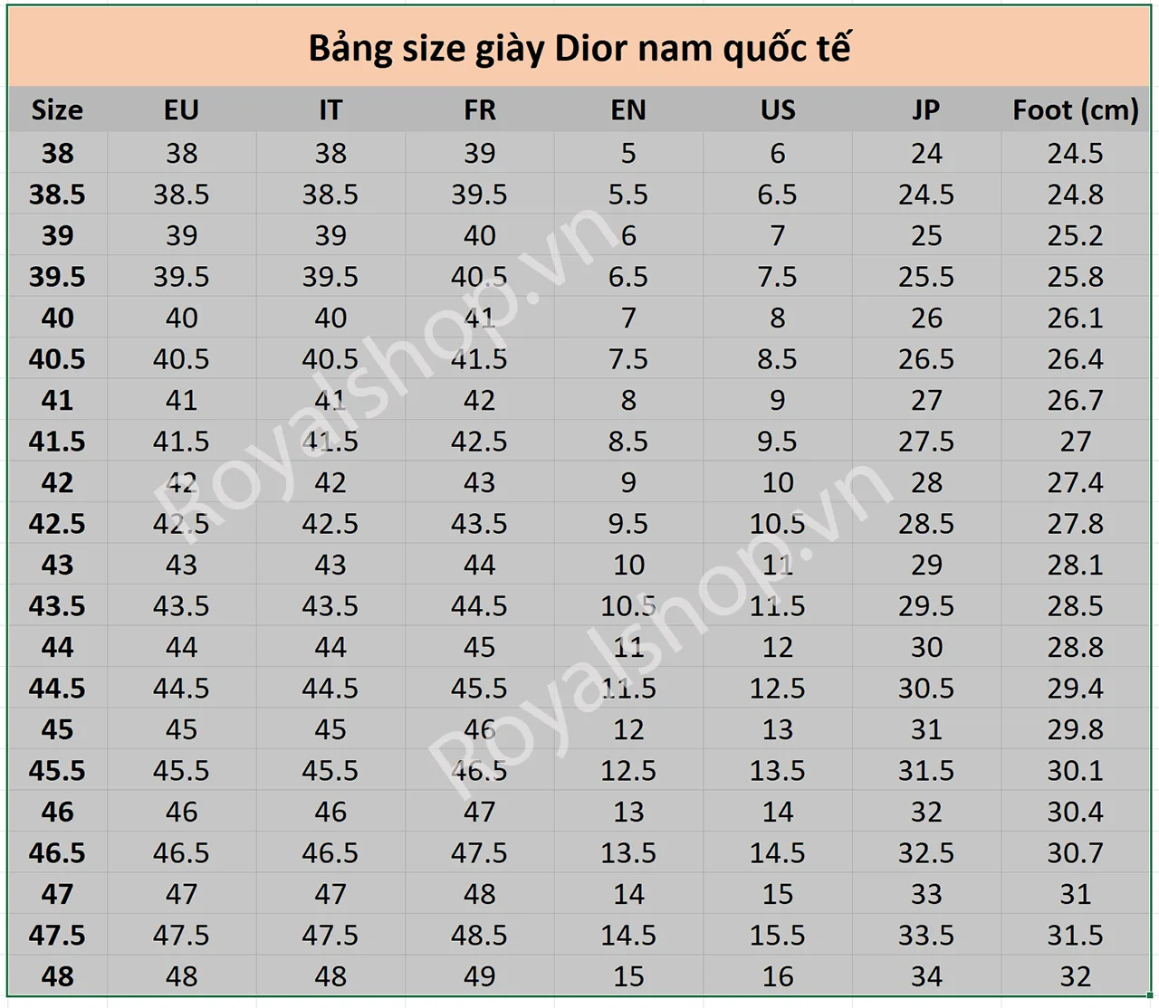 bảng size giày Dior nam quốc tế