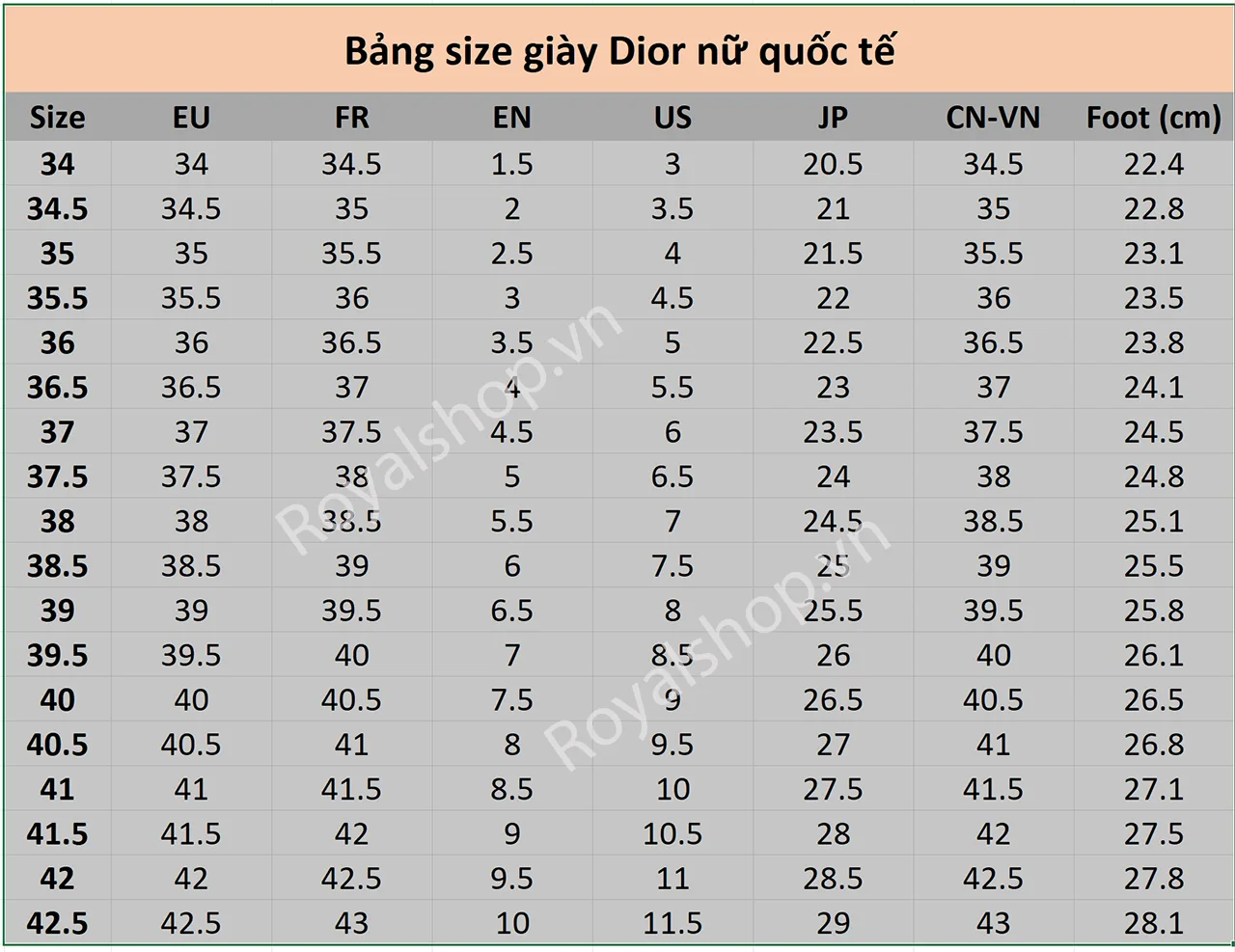 bảng size giày Dior nữ quốc tế