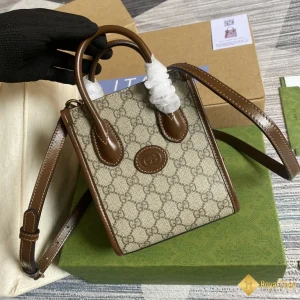 Túi Gucci Mini tote bag with Interlocking viền nâu 671623